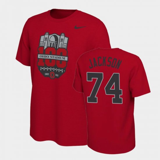 #74 Donovan Jackson 100th Anniversary OSU Buckeyes 100th Year Stadium Anniversary Men Scarlet T-Shirt 824918-113