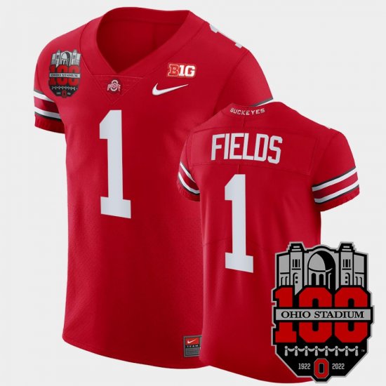 #1 Justin Fields College Football Ohio State 100th Year Stadium Anniversary Big Ten MVP Mens Scarlet Jersey 233981-455